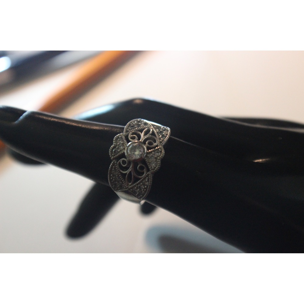 ATI China Vintage Style Filigree Ring Silver Tone Clear Stone Size 8.25